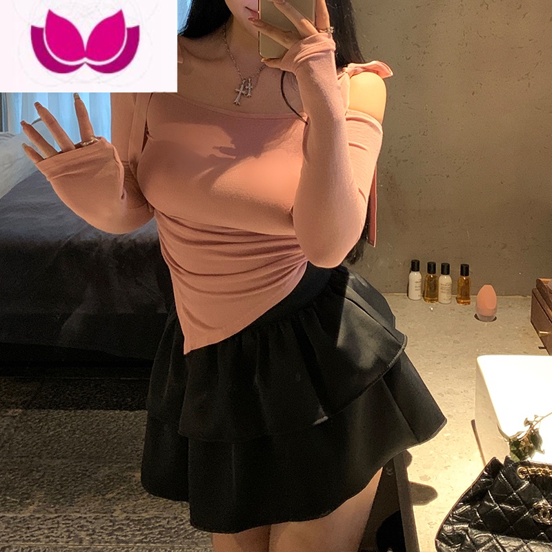 七斓微胖mm2023新款休闲套装减龄露肩上衣绑带短袖t恤女 黑色半身裙(第一批) XXL