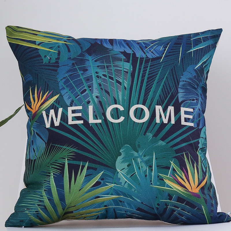 北欧ins园绿色抱枕客厅沙发棉麻靠枕套办公室靠背套子不含芯 45*45（单独枕套+枕芯） 蓝绿天堂鸟抱枕