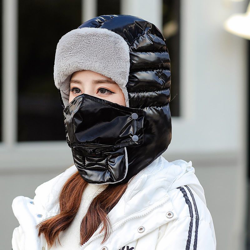 护目镜电动车雷锋帽女士冬天加绒厚棉帽护耳亮面骑行防寒滑雪帽男亮面