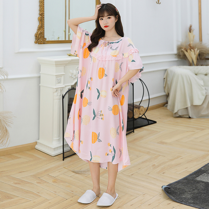 大码棉绸睡裙女胖mm200斤夏季宽松短袖孕妇纯棉睡裙女士睡衣春秋