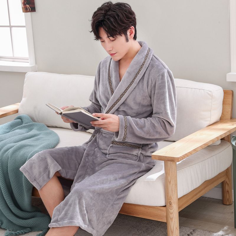 秋冬季情侣睡袍女士珊瑚绒浴袍长款睡衣男士加厚法兰绒浴衣家居服 P16灰色织带男款 XXXL