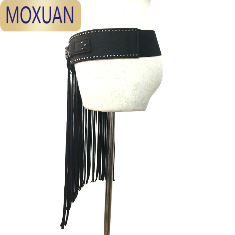 MOXUAN欧美个性长流苏裙子女士腰封时尚铆钉宽腰带松紧朋克风黑色皮带潮