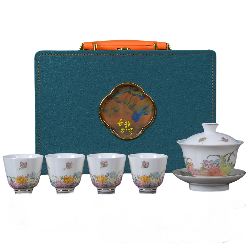 銮源丰S-004描金羊脂玉 茶具小套装(配盖碗)