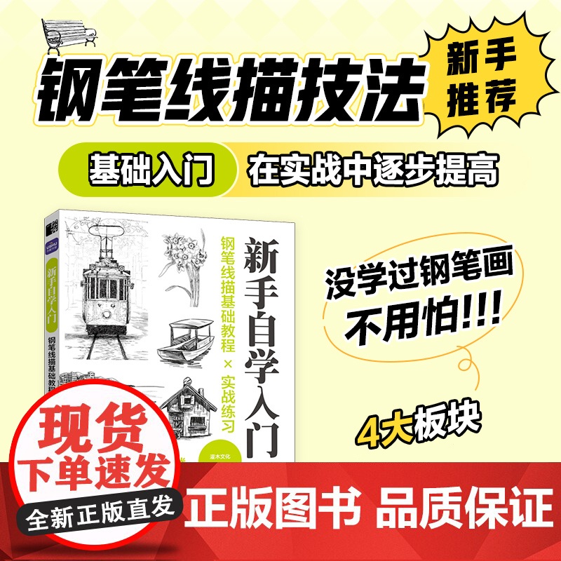 钢笔线描基础教程实战练习 新手自学入门 钢笔画教程书钢笔画手绘表现技法黑白钢笔画速写植物建筑城市风景描摹本素描线描素材高清大图