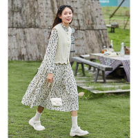 唐狮秋季新款连衣裙长款碎花小清新仙女裙子宽松针织马甲