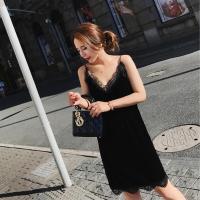 2018胖mm200斤中长款蕾丝拼接带连衣裙背心打底裙黑
