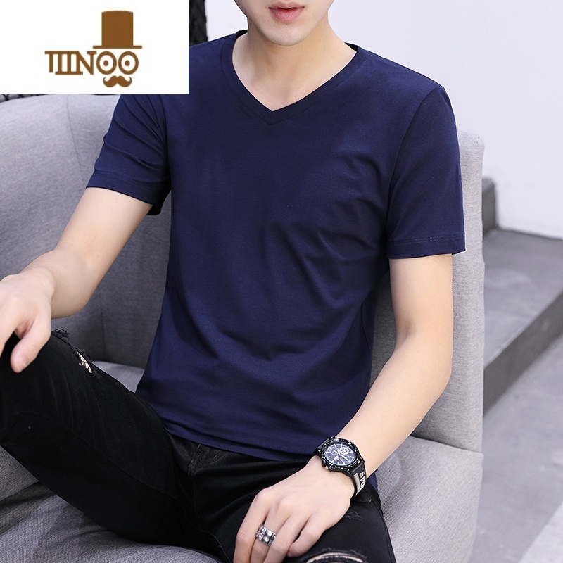 YANXU男士t恤短袖v领修身潮流打底衫体桖夏季半袖男装纯色衣服长袖高清大图