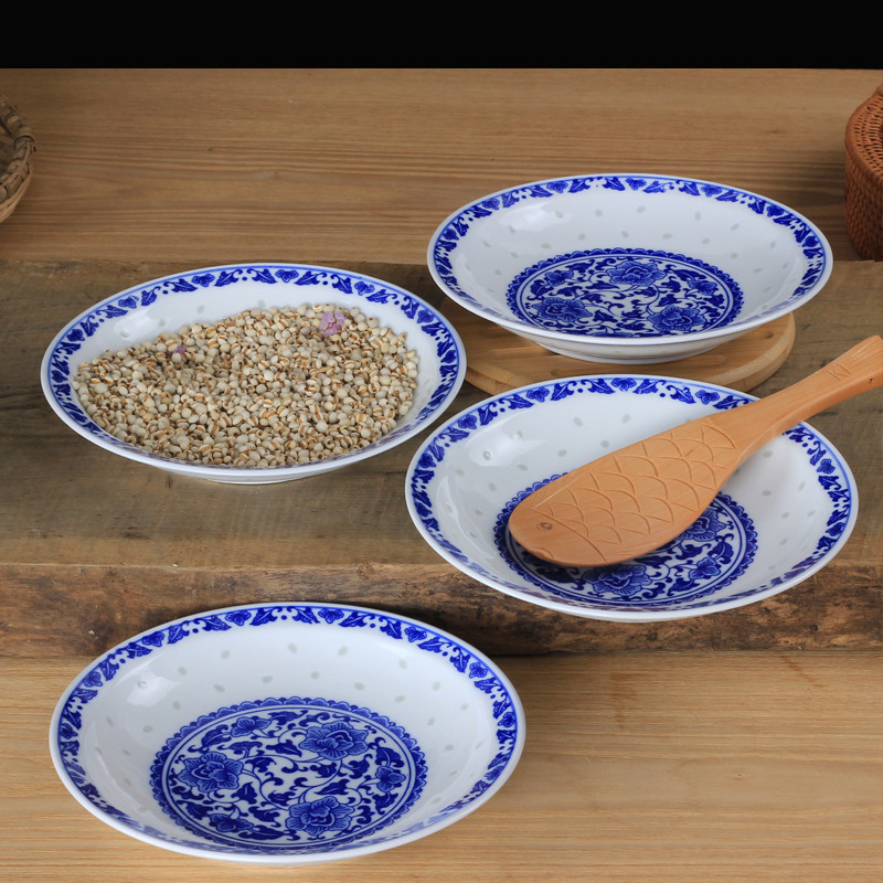 LICHEN 景德镇陶瓷盘子 釉下彩青花玲珑陶瓷盘 菜盘碟 8英寸四个装 三朵牡丹汤盘 口径20厘米 微波炉适用