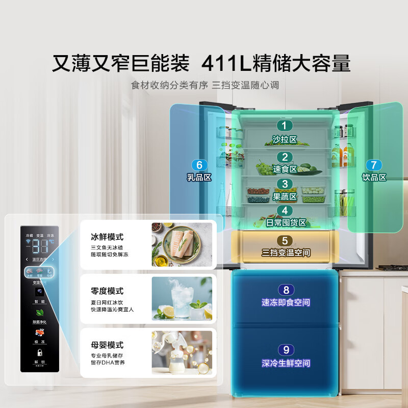 海信411L法式多门冰箱超薄零嵌小户型DBD离子除菌一级无霜BCD-411S3FZKQD高清大图