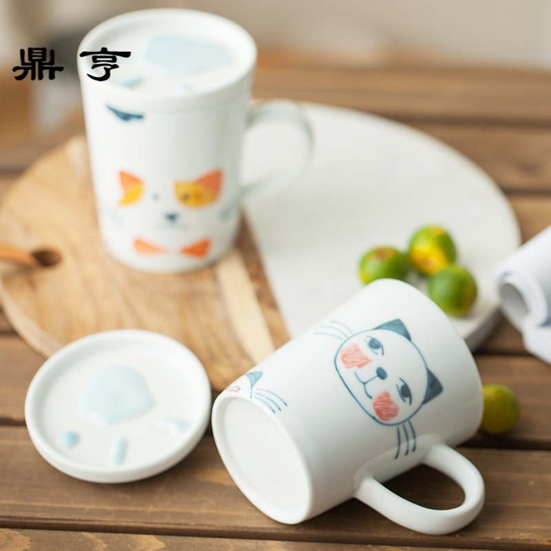 鼎亨包邮日式萌物猫狗陶瓷杯手工 咖啡杯带碟带盖卡通趣味水杯 牛