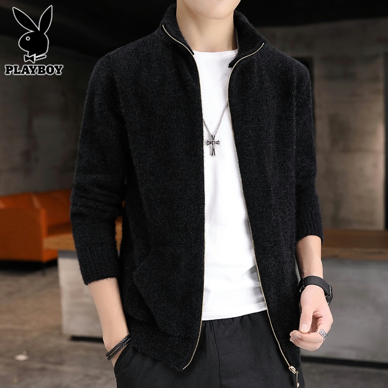 花花公子开衫毛衣男士立领夹克外套2025年春季新款水貂绒针织0新高清大图