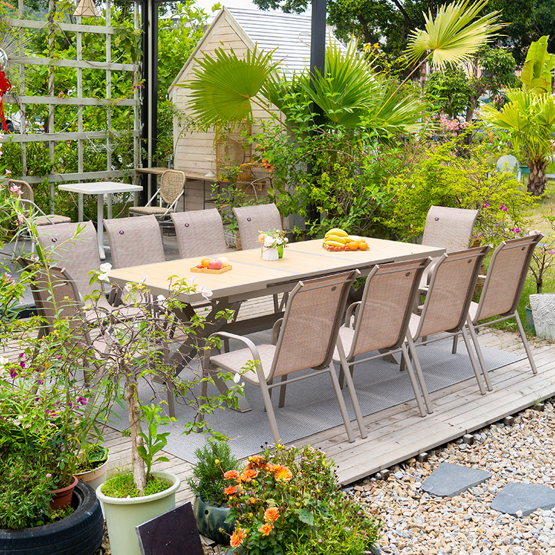 紫叶户外桌椅组合外摆室外花园露天座椅庭院露台餐椅休闲商用桌椅 10【椅】+1【伸缩桌180/240x90cm】