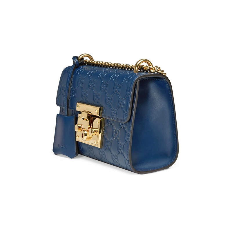 海外直邮gucci古驰女包蓝色小牛皮双g压纹链条锁扣女士小号斜挎单肩包