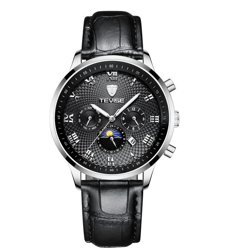 瑞士tevise特威斯男士手表全自动多功能机械表品牌时尚真皮带防水腕表
