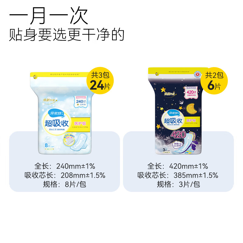 倍舒特医护级棉柔日夜用组合套装30片 240mm*8片*3包 420mm*3片*2包 YH4930