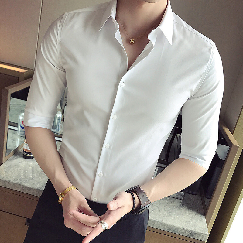 夏季纯色七分袖衬衫男绅士男装7分袖衬衣型师上衣中袖寸衣免烫