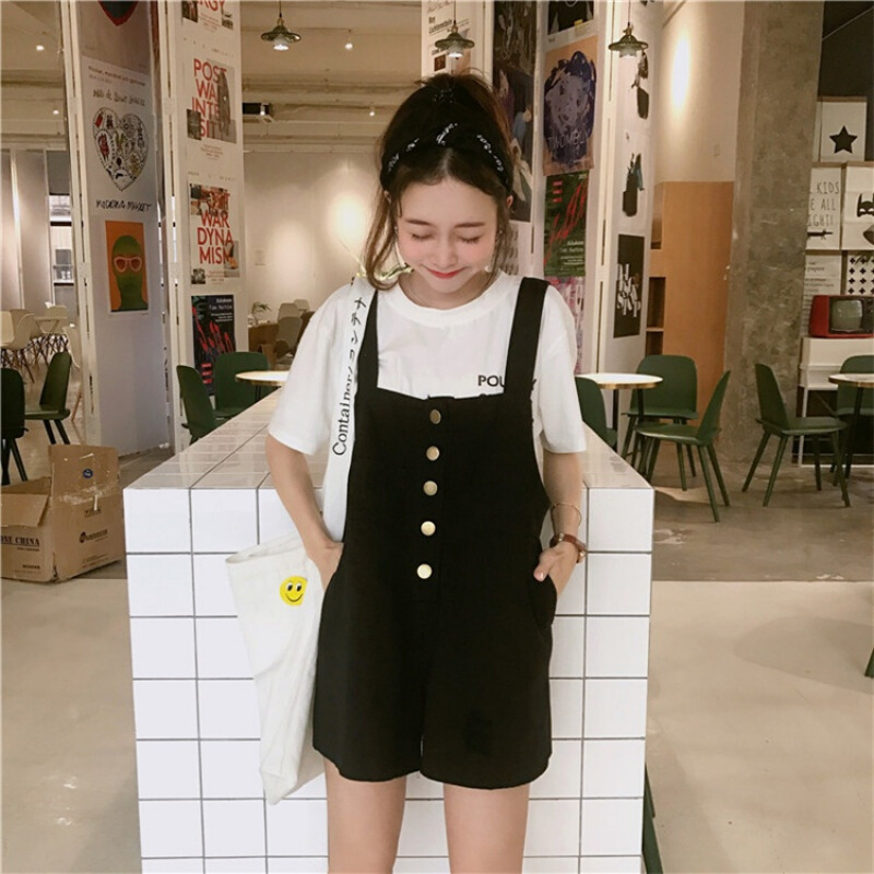 夏装女装韩版宽松百搭高腰破洞牛仔裤背带裤阔腿裤休闲裤短裤显瘦白色均码
