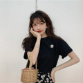 刺绣菊花短袖T恤女装潮宽松夏季新款女装宽松大码学生上衣服 XL 黑色