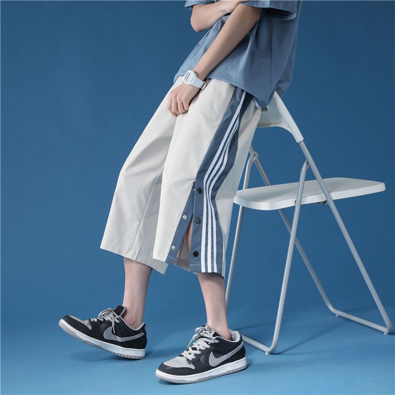 WOOG2005夏季薄款男士休闲裤潮流运动七分裤短裤宽松直筒排扣裤子