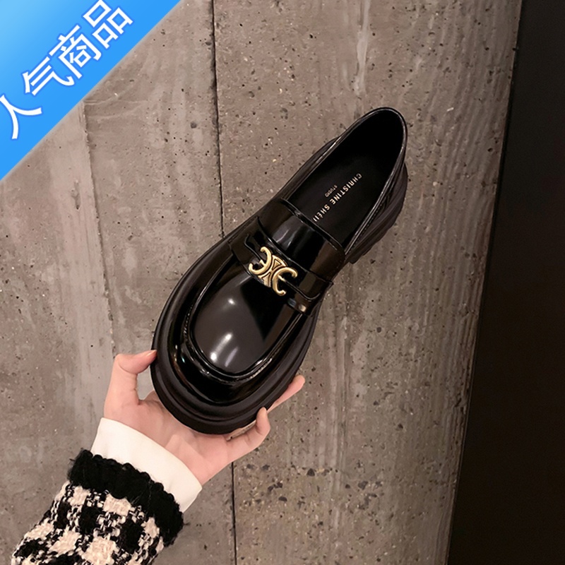 SUNTEK凯旋门厚底乐福鞋2023春夏单鞋圆头复古增高亮面小皮鞋女夏U高清大图