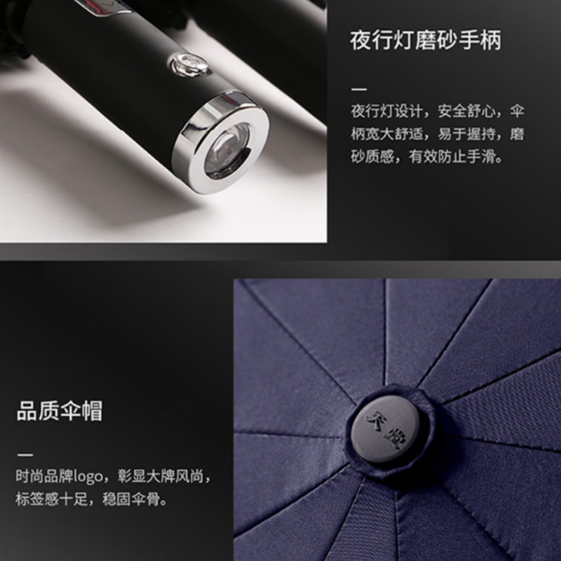 天堂全自动反向晴雨伞三折10K伞下102CM一键开收易甩干晴雨两用伞LED柄黛蓝色高清大图