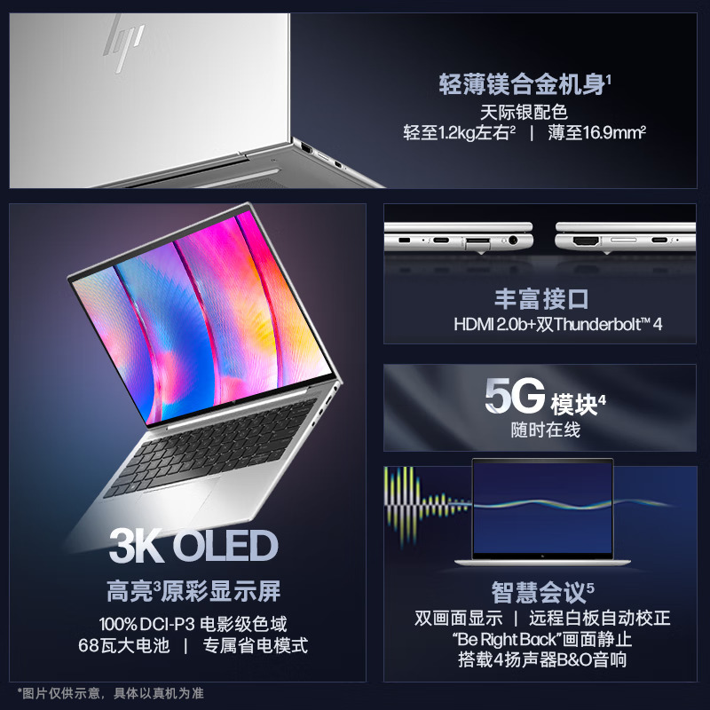 惠普(HP)Dragonfly G4 13.5英寸(13代i7-1355U 16G内存 1TB固态 3K高清 OLED屏 EVO认证 5G版)天际银 高端轻薄本商务办公笔记本电脑