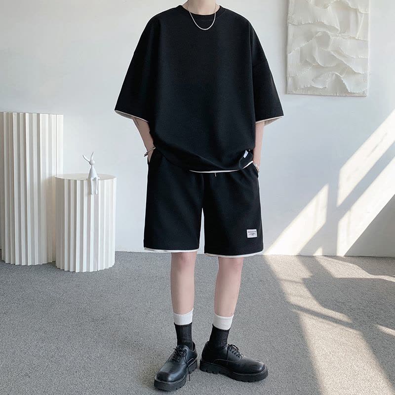 华夫格休闲套装男夏季冰丝短袖t恤 男装一套搭配帅气潮牌运动衣服Wsng图片