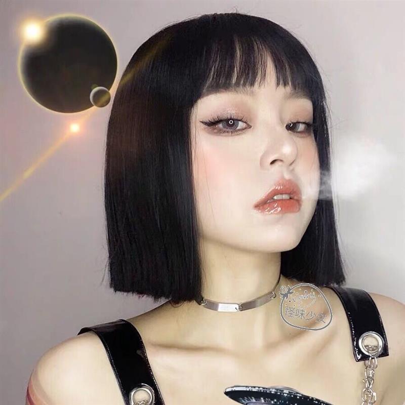 假发女朋克风一刀齐短发帅气o头气质修圆脸空气刘海全头套|黑色 大钢