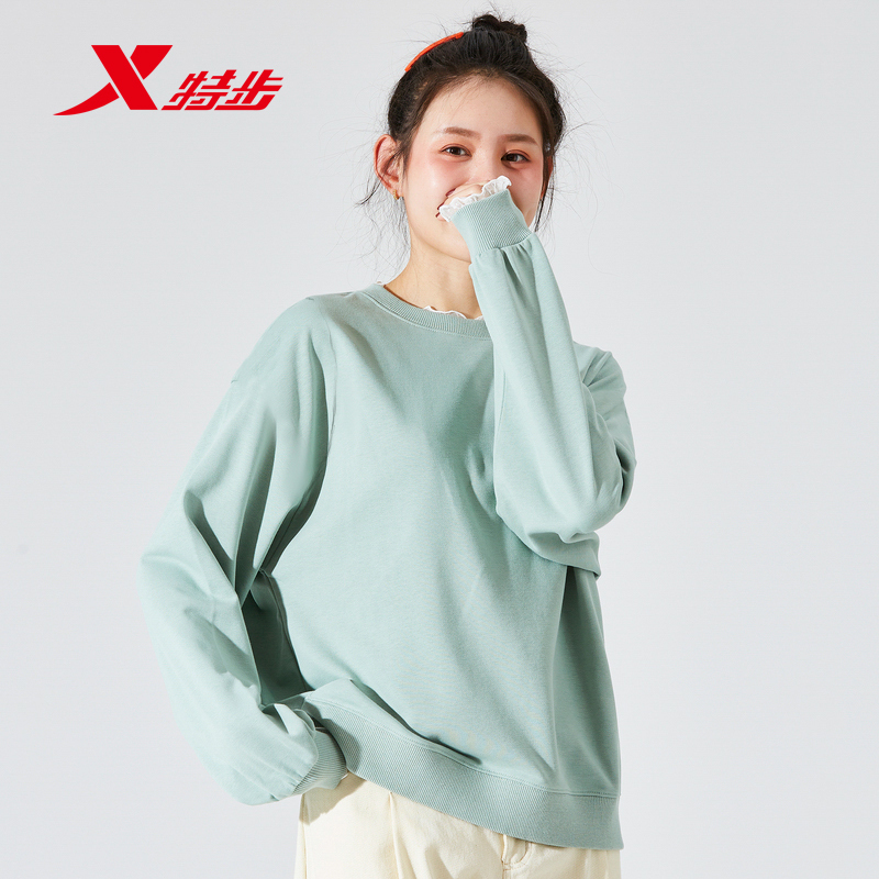 特步卫衣女2022秋冬季新款圆领加绒情侣卫衣休闲运动加厚男士上衣运动卫衣