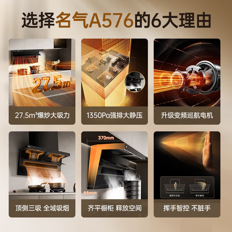 名气[小黑翼Pro]A576-1抽吸排油烟机薄顶侧三吸烟机 27.5立方变频家用大吸力高清大图