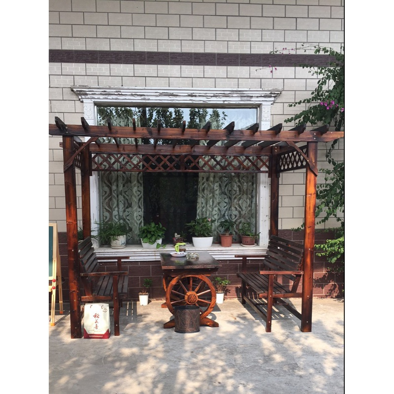 防腐木屋凉亭葡萄架实木花园爬藤架花架户外家具庭院桌椅 加宽款搭配63厘米宽车轮桌