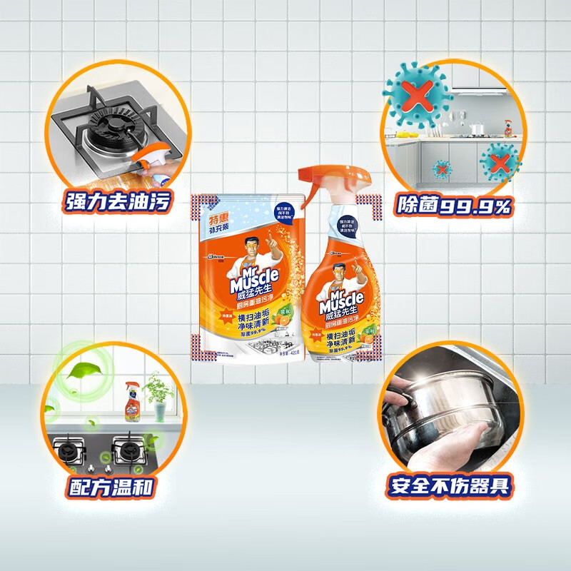 威猛先生(Mr Muscle)油污清洁剂 455g+420g补充装 柑橘香 强力去油污 厨房重油污净高清大图