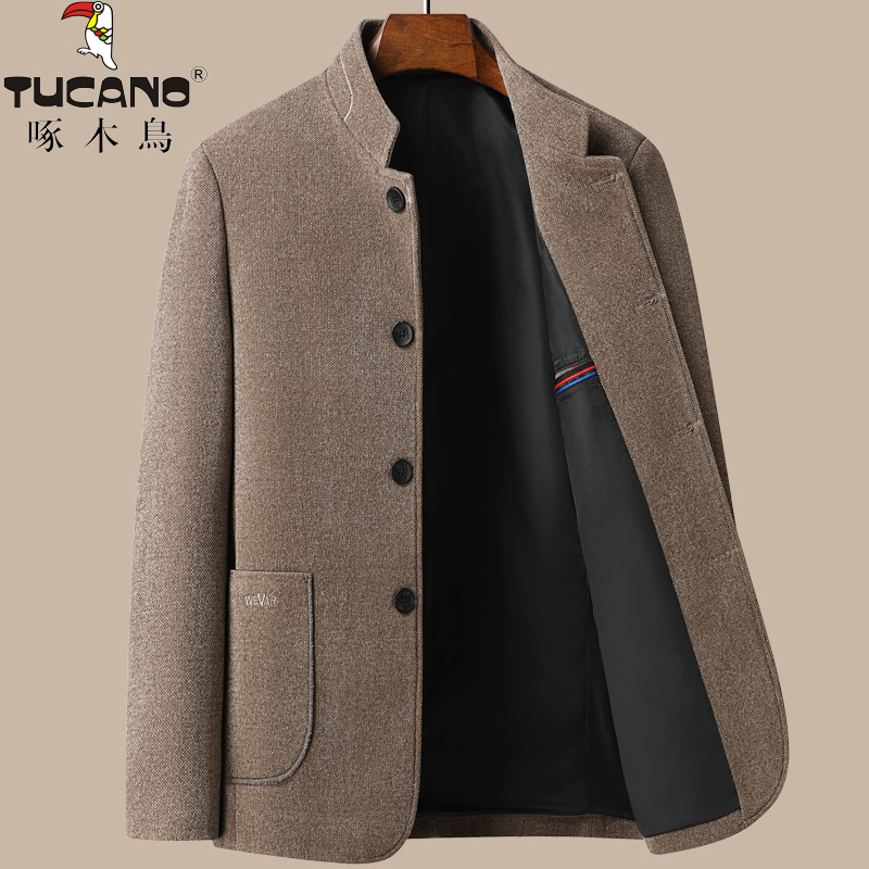 啄木鸟男士爸爸秋装外套秋冬季中老年人立领呢子男50岁男岁高清大图