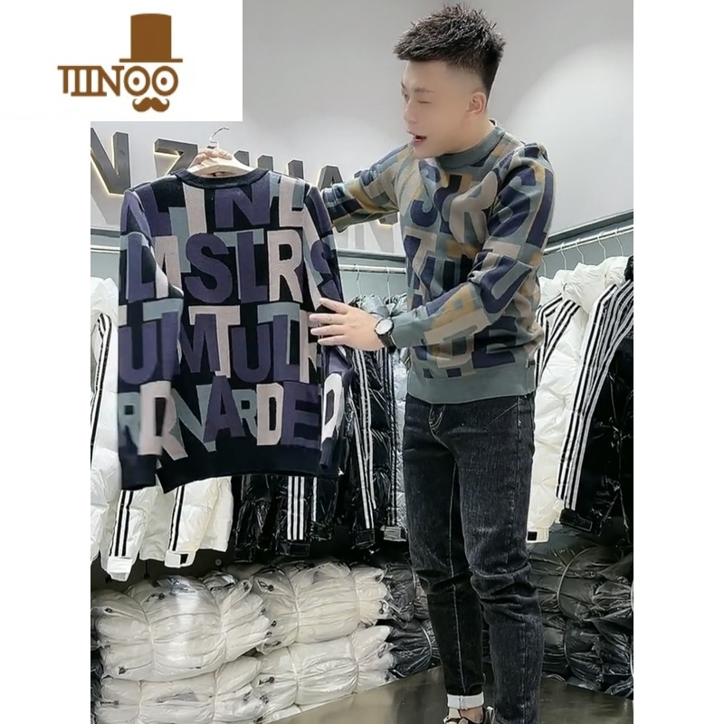 YANXU2023冬季新款时尚线衣高质针织衫欧款男士个性字母印花修身毛衣潮高清大图