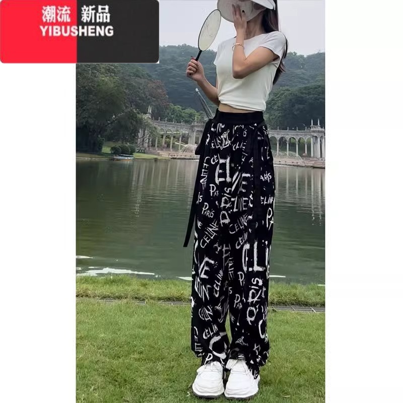 YIBUSHENG垂感字母涂鸦飘带阔腿休闲裤女季薄款大码宽松冰丝轻柔防蚊花阔高清大图
