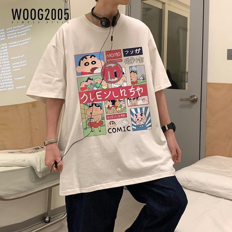 WOOG2005夏季休闲短袖男宽松印花半袖上衣圆领卡通情侣装T恤图片