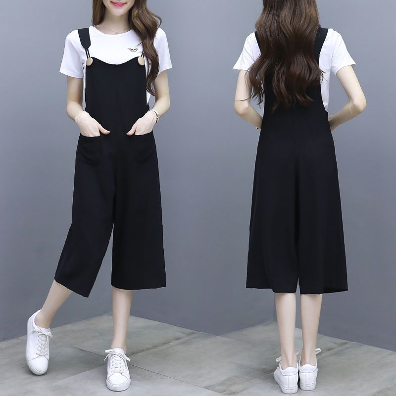 2021哺乳装外出时尚孕妇套装辣妈款夏装喂奶衣产后喂奶衣服两件套 白色上衣+黑色吊带[常规款] S