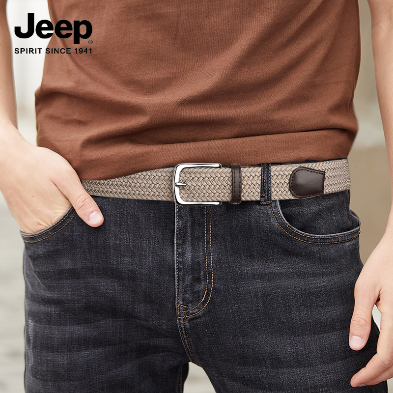 JEEP SPIRIT吉普双色松紧针织软弹性帆布尼龙编织皮裤收腰弹针高清大图