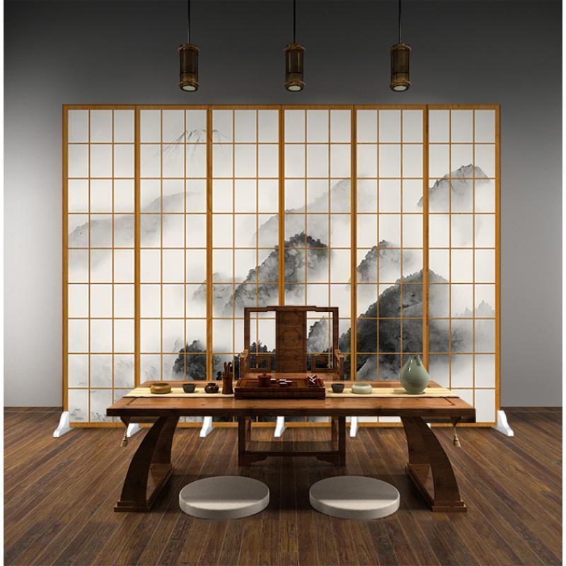 森美人日式仿木纹格子屏风隔断客厅现代简约双面移动布艺时尚可折叠折屏 深灰色6扇防透宽2.4米