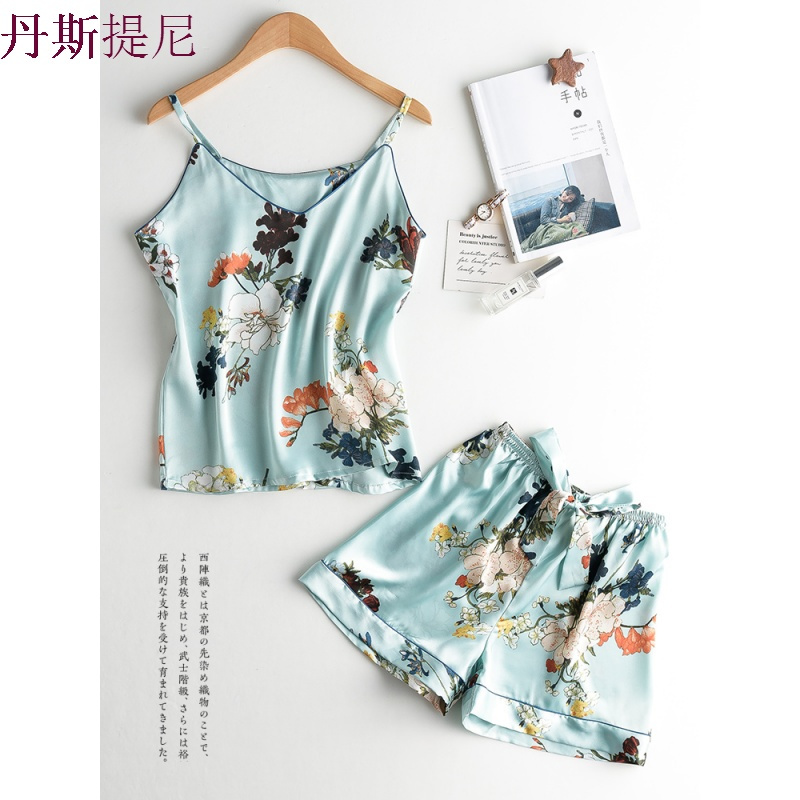 冰丝睡衣女夏带两件套分体短袖套装夏季仿真丝绸日式家居服可爱