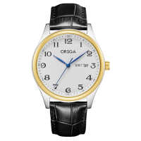 ORSGA手表男简约男士手表双日历时尚休闲经典学生男表石英表腕表8818G 黑色皮带银壳金圈