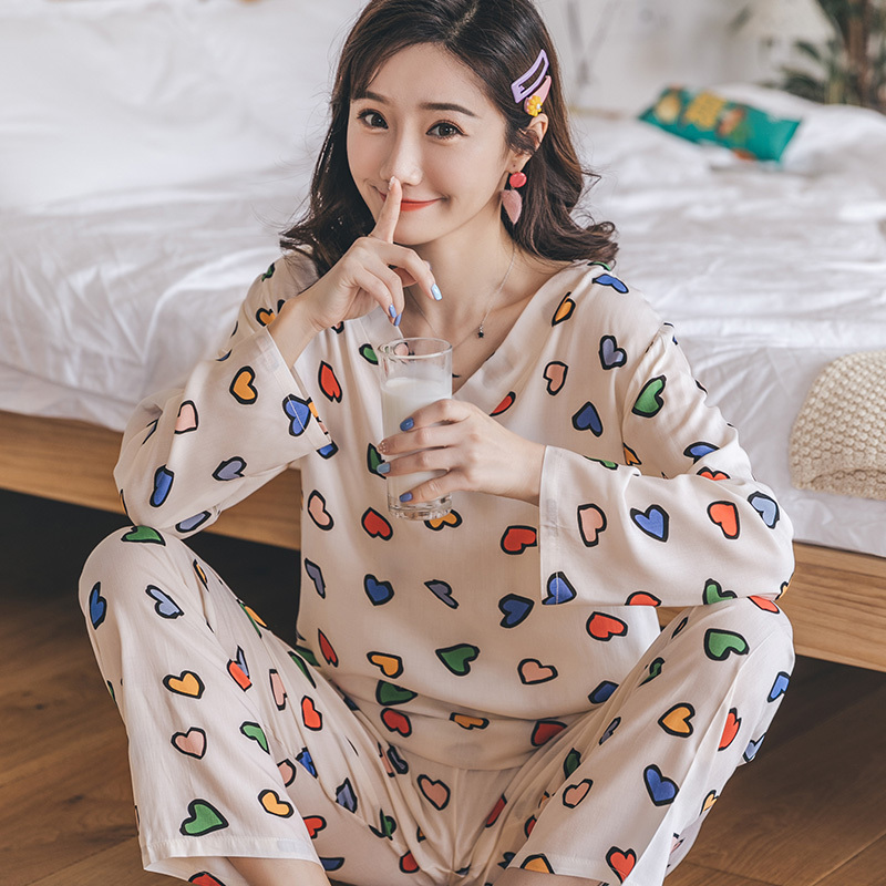 夏天棉绸睡衣女长袖薄款圆领宽松学生小心机睡衣绵绸套装家居服女ty双