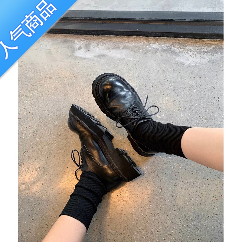 SUNTEK英伦风厚底小皮鞋女2023新款春夏百搭复古乐福鞋圆头系带单鞋高清大图