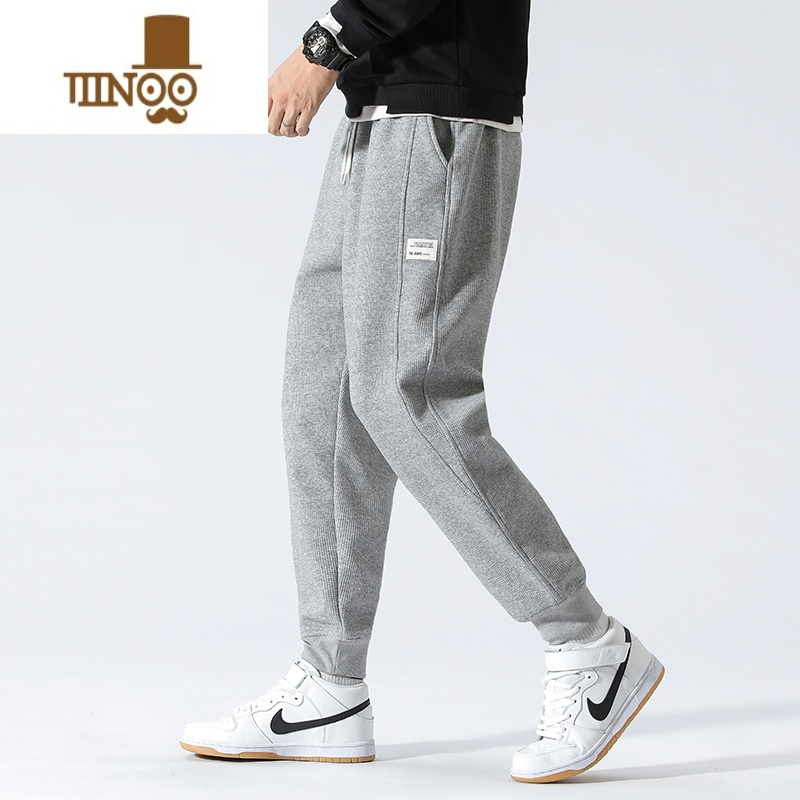 yanxu华夫格卫裤男2023新款灰色运动裤男士休闲款加厚长裤子