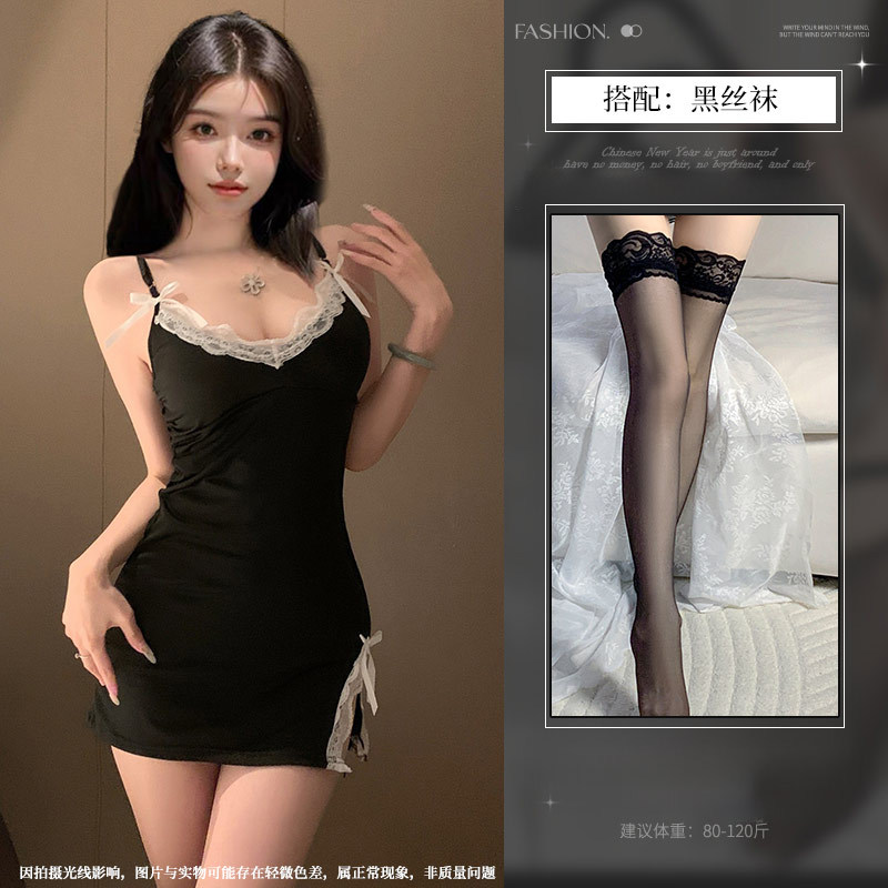 网红吊带睡衣女裙夏性感可爱修身纯欲风蕾丝可胸垫睡裙家居服1361 黑色【加胸垫】+黑丝袜 M【80-100斤】