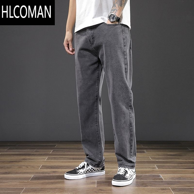 hlcoman男生裤子休闲复古韩版潮流灰色秋季青年宽松直筒裤高街牛仔裤