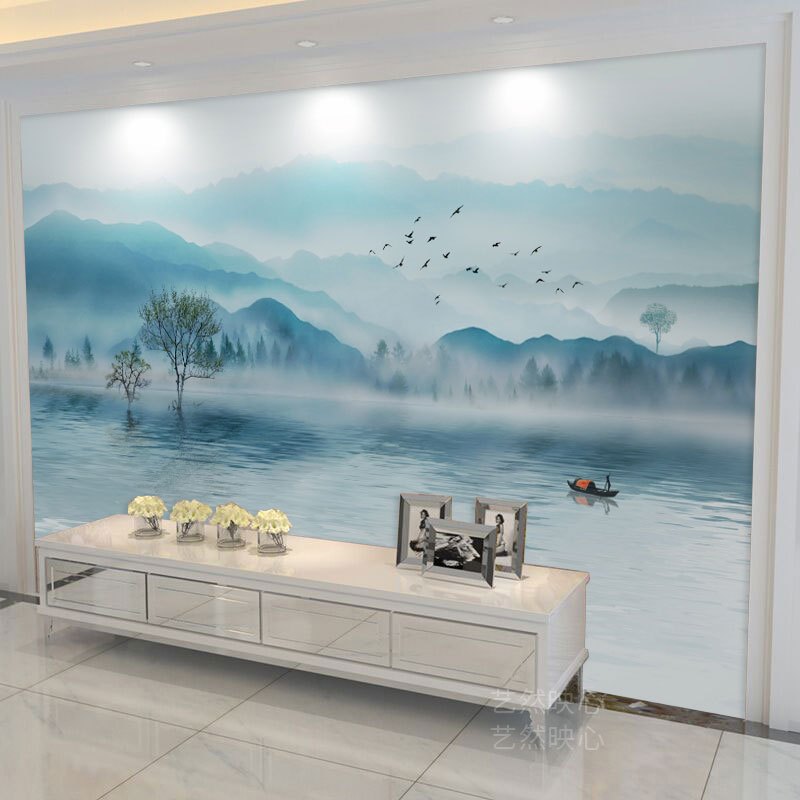 3d立体电视背景墙壁纸8d中式意境山水画闪电客墙纸客厅沙发家用墙布