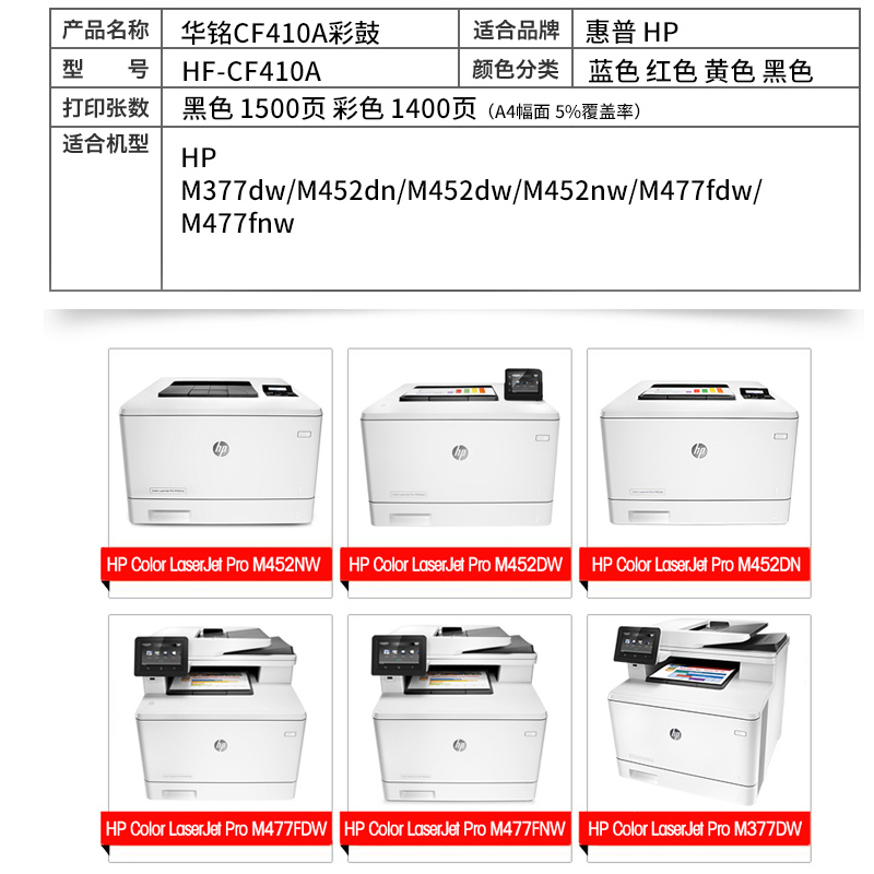 华铭适用HP惠普CF410A硒鼓M452dw/dn/nw打印机M477fdw/fnw粉盒M377dw易加粉硒鼓高清大图