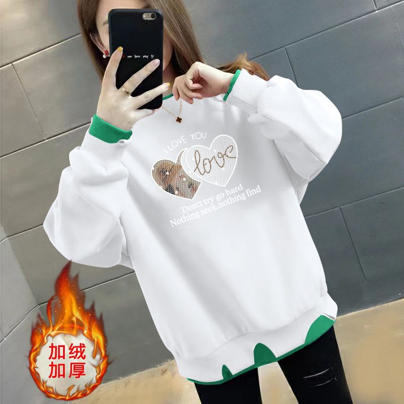 假两件秋冬款上衣时尚不规则宽松显瘦ins加绒/不加绒百搭女士卫衣 L建议101-120斤 加绒加厚-透明爱心【白色】