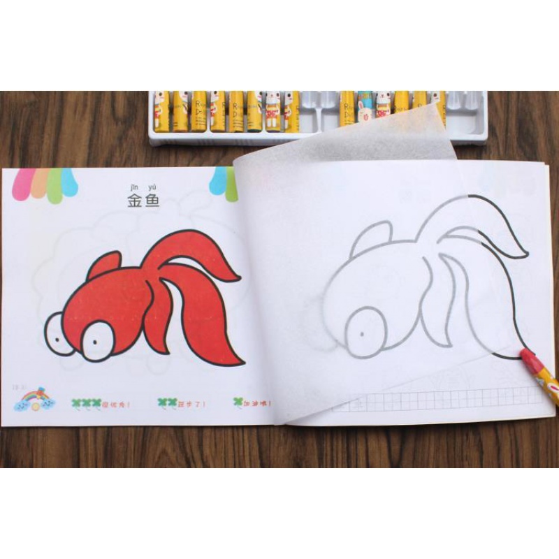 儿童描印画画本手绘幼儿园小手学画画涂色本幼儿园中班描印画画本 全套12本+12色油画棒高清大图